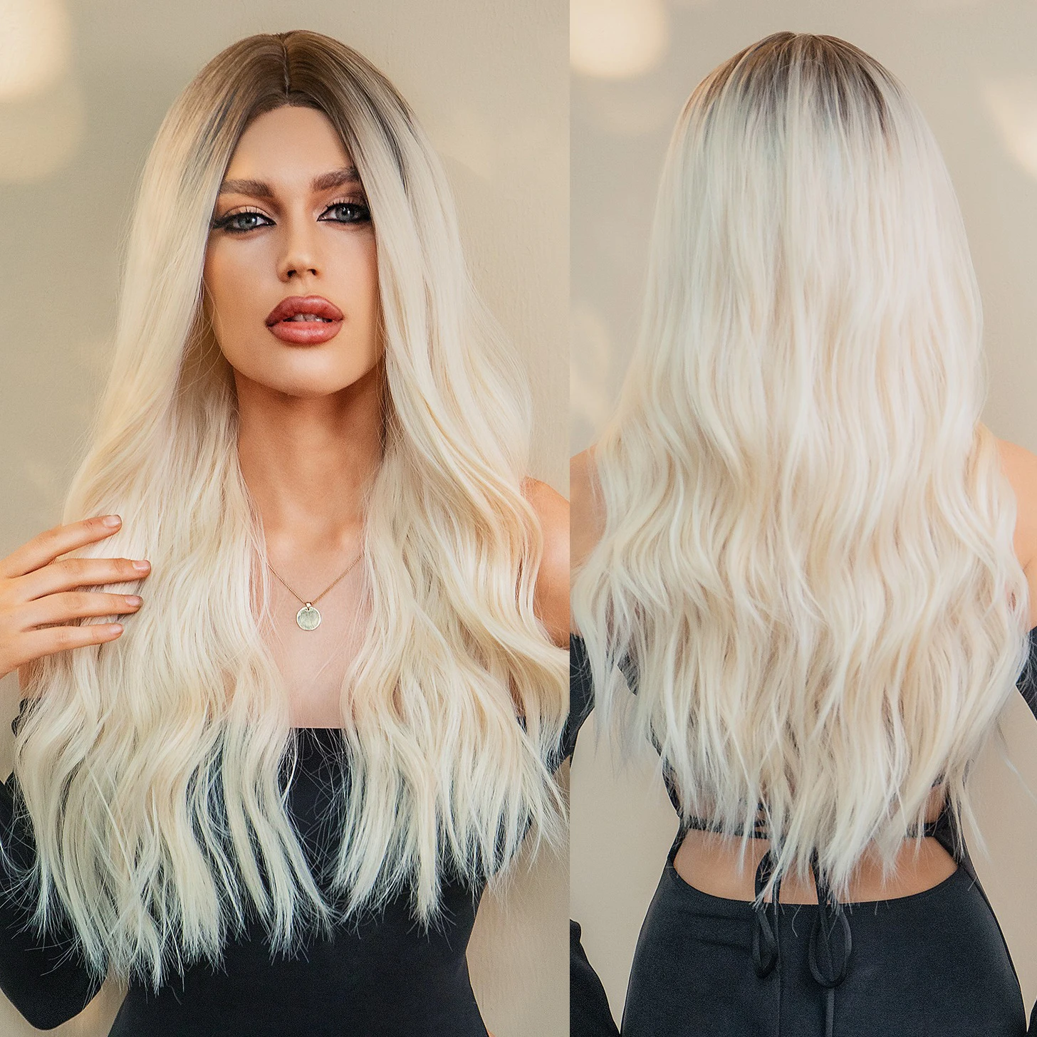MOQ1 Synthetic Light Blonde Wigs for White Women Long Wave Wig Platinum Hair Heat Resistant Fibre