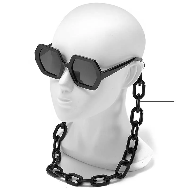 

Hot Selling Vintage Square Shades Unique Polygon Frame Sunglasses Accessories With Chain 2022