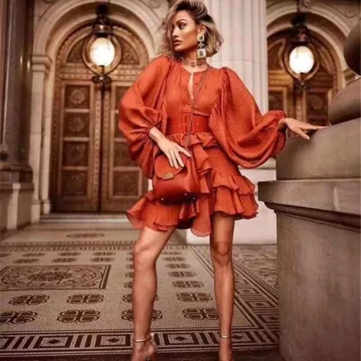 

A3741 Orange Beige Women White Cape Sleeve Casual Up To Knee Length Ruffler Dress Wholesale