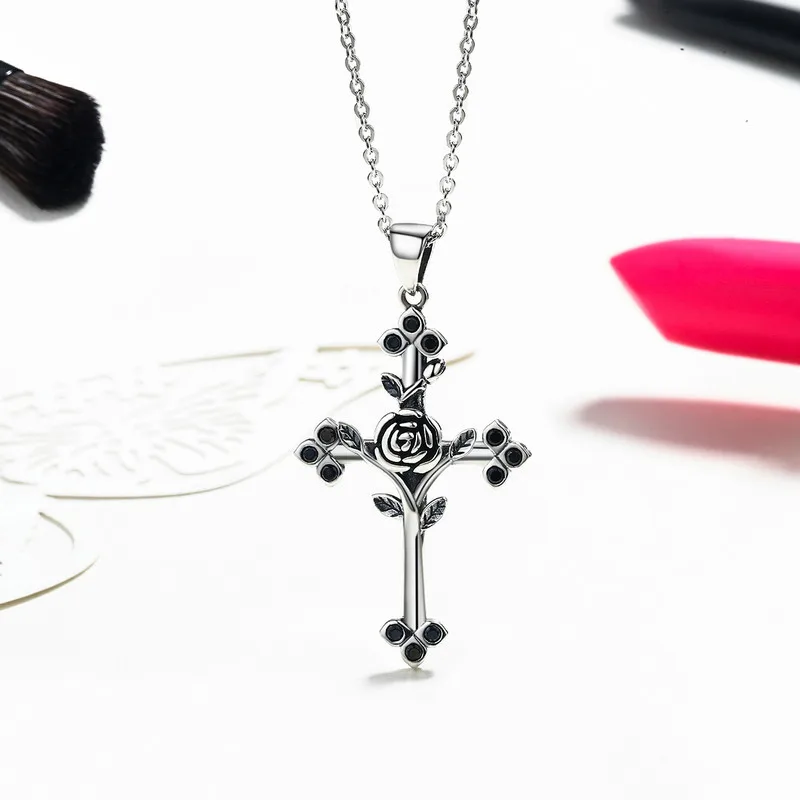 

Accessories Women Jewelry 925 Sterling Silver Rose Cross Pendant Necklace For Women Chokers