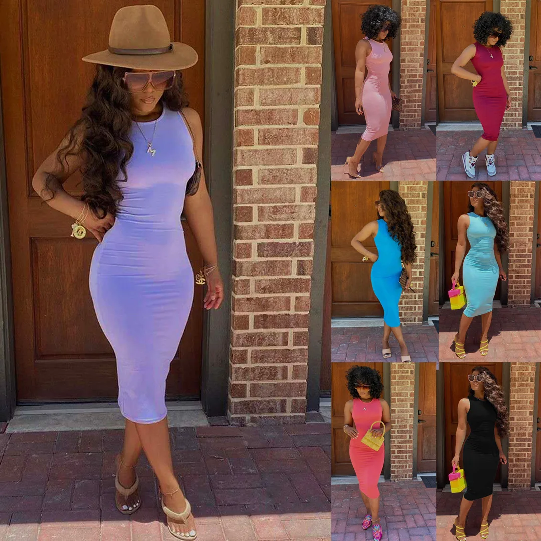 

2021 summer solid tank top dress sexy midi casual bodycon dresses women clothing