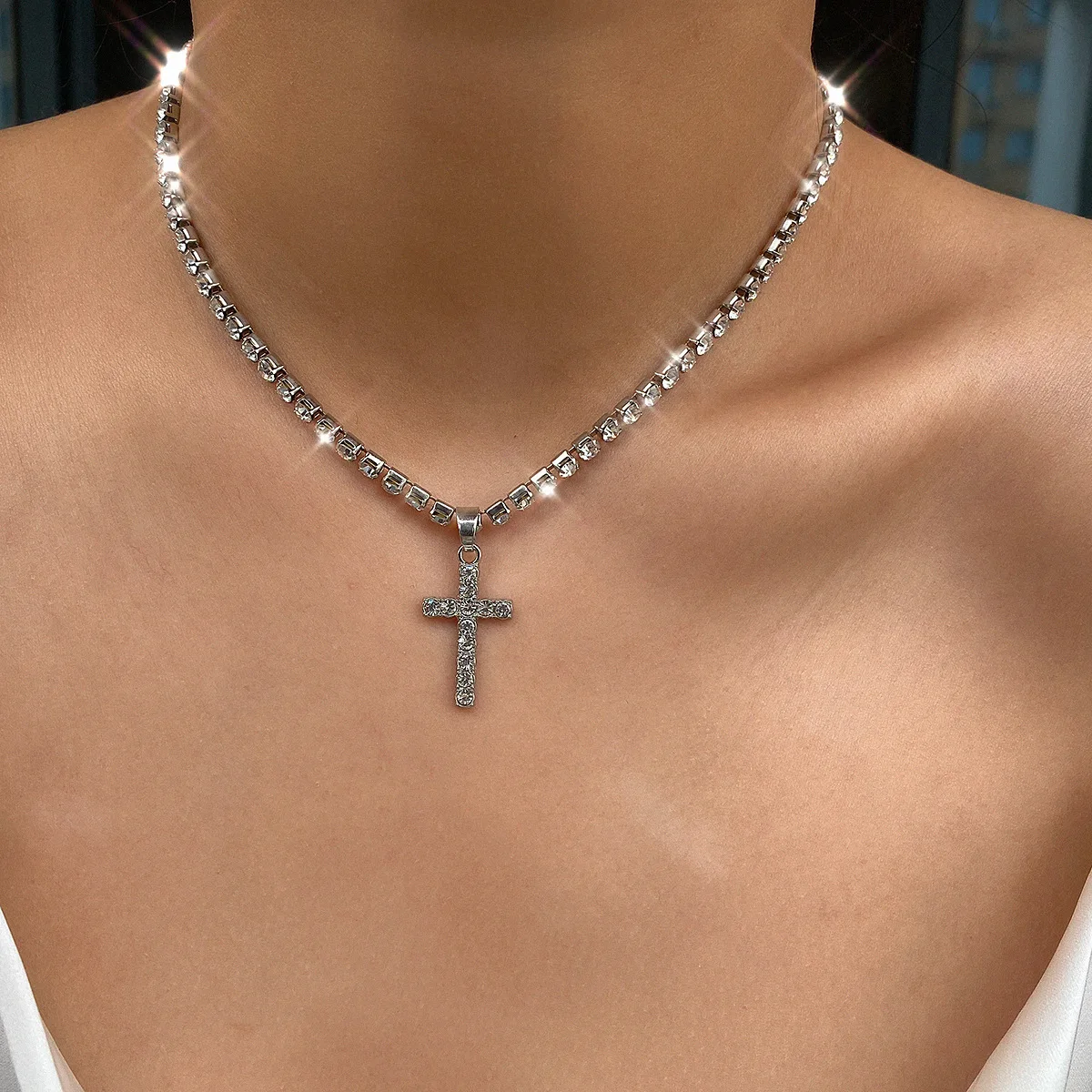 

danyuan dainty crystal tennis chain silver color tiny cross necklace jewelry full rhinestone stone cross pendant necklace, Picture