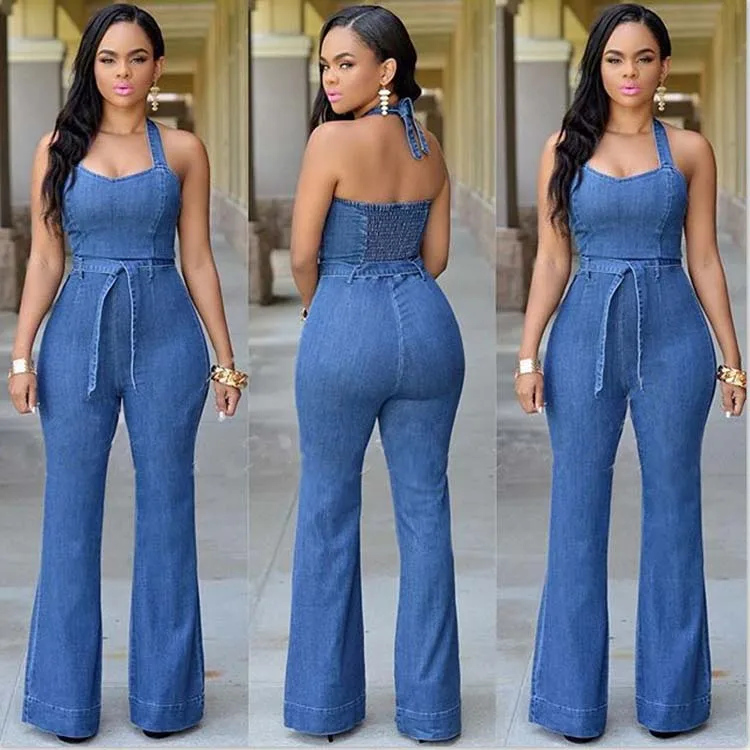 

Fashion Blue Denim Halter Lace Up Backless Casual Wide Leg Long Playsuit women jumpsuits and rompers With Belt