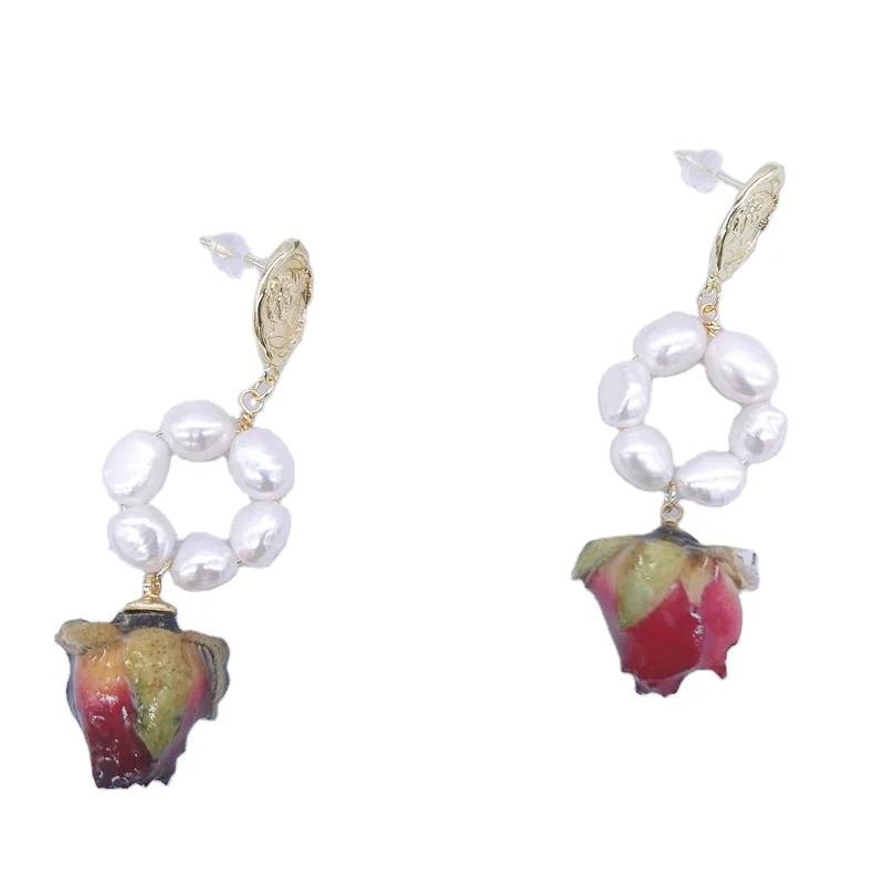 

E277 High Quality Geometric head Natural flower rose Drop Earring Irregular Freshwater Pearl earrings