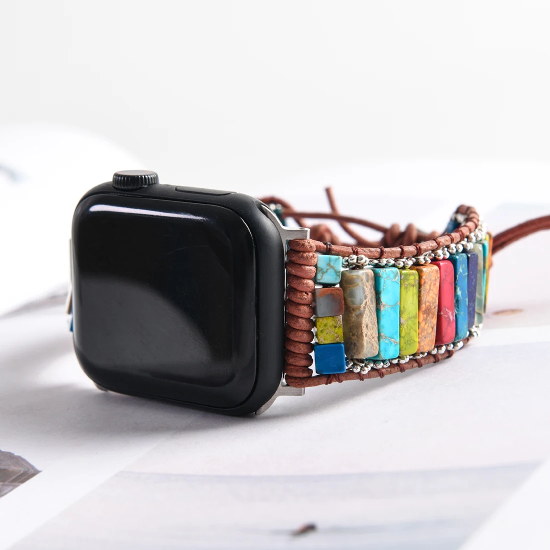 

Chakra Natural Stone Apple Watch Leather Strap Healing Beaded Band Smartwatch Bracelet For Iwatch Series 1-7 Accessories