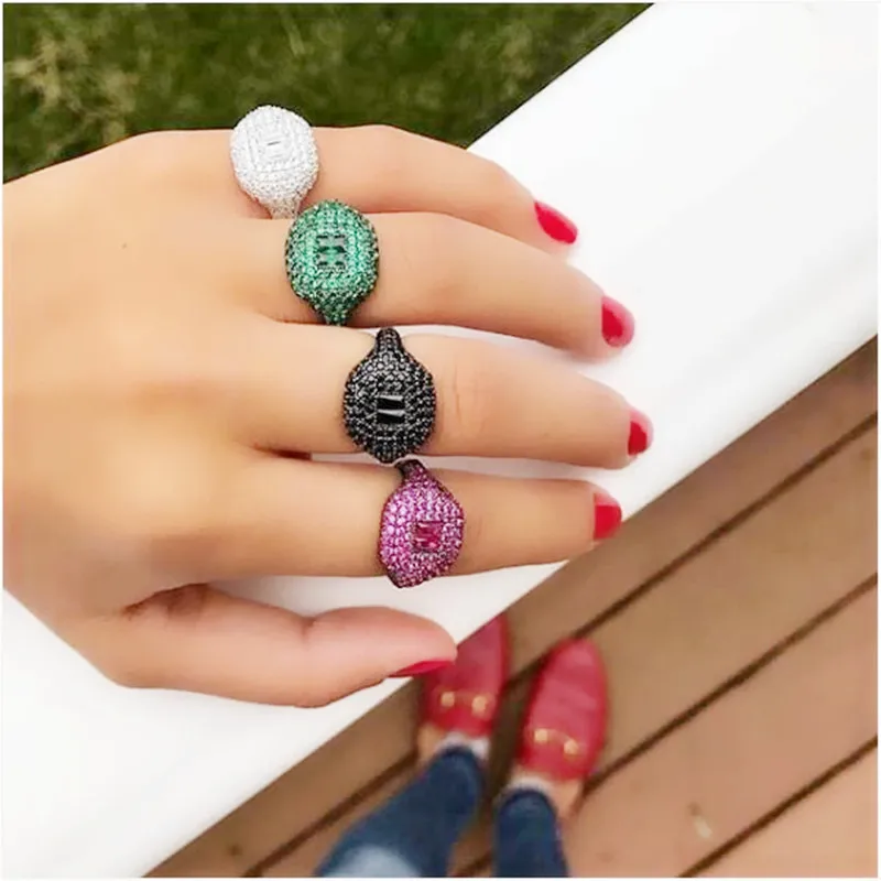 

fashion women lady finger rainbow cz rings with green cz stone paved wedding engagement band rings jewelry