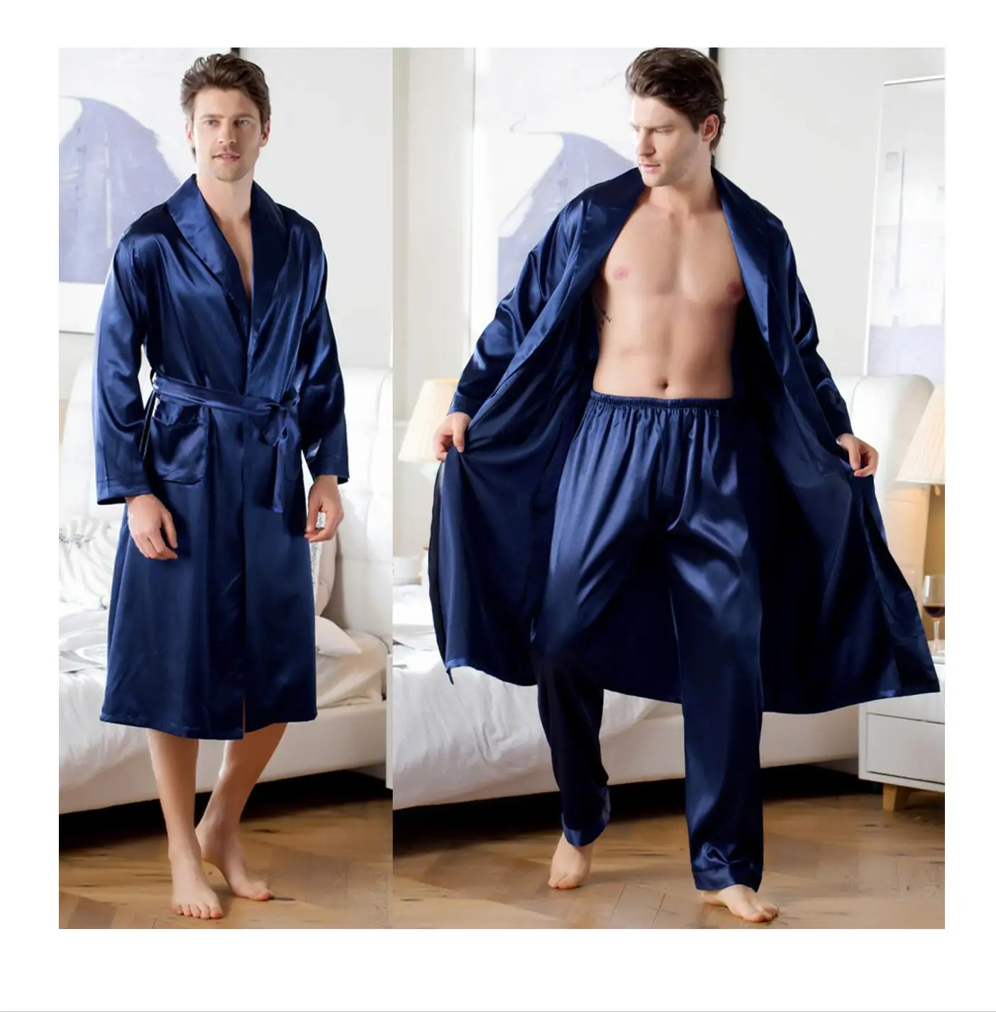 

2021 Sprint Autumn men luxury robes satin sleepwear silk like long sleeves customized pajama sets satin robes men with pants