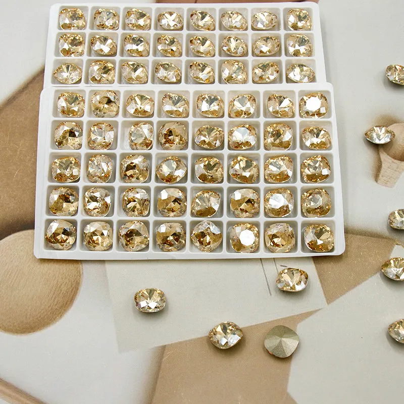 

Paso Sico Factory Wholesale Golden Shadow Glass Cushion Square 8mm 10mm 12mm 14 Bling Nail Rhinestone for 3D Nail Art Decoration