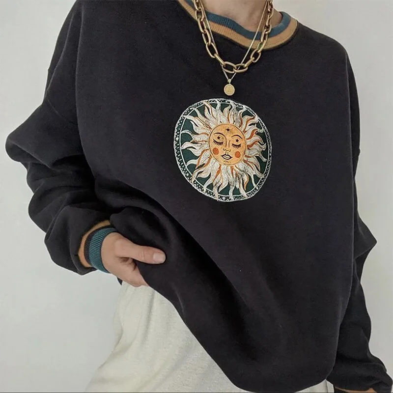 

fashion vintage sun and moon printed sweatshirt women long sleeve crewneck loose casual pullover t shirt streetwear clothing