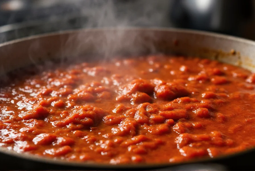 Slow simmering pot of rich red chili with steam rising showing texture and consistency