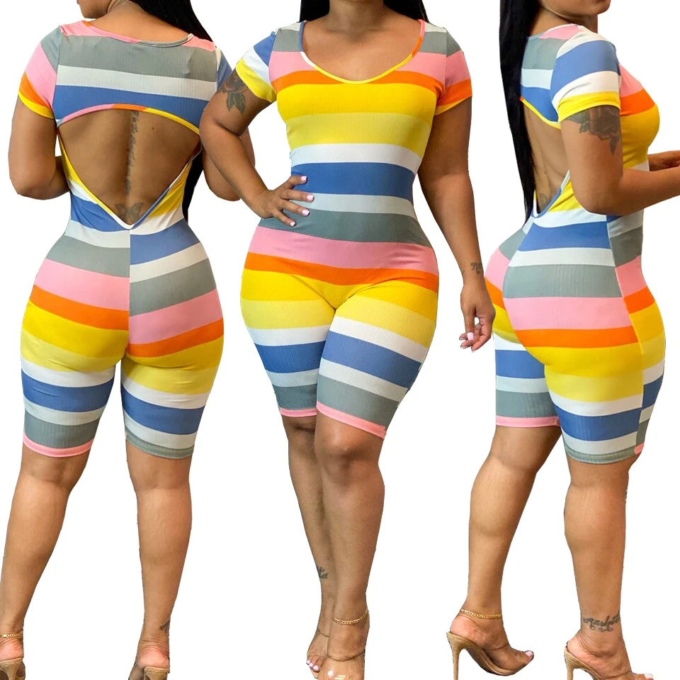 

Hot sale women jumpsuit In stock best quality striped summer backless jumpsuit, As picture show