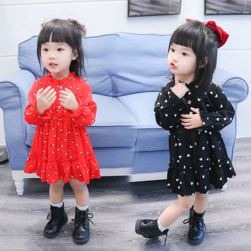 

Hot Sale Fashion Elegant Long Puff Sleeved Floral Fluffy Children Kids Girls Chiffon Dress, Black, red