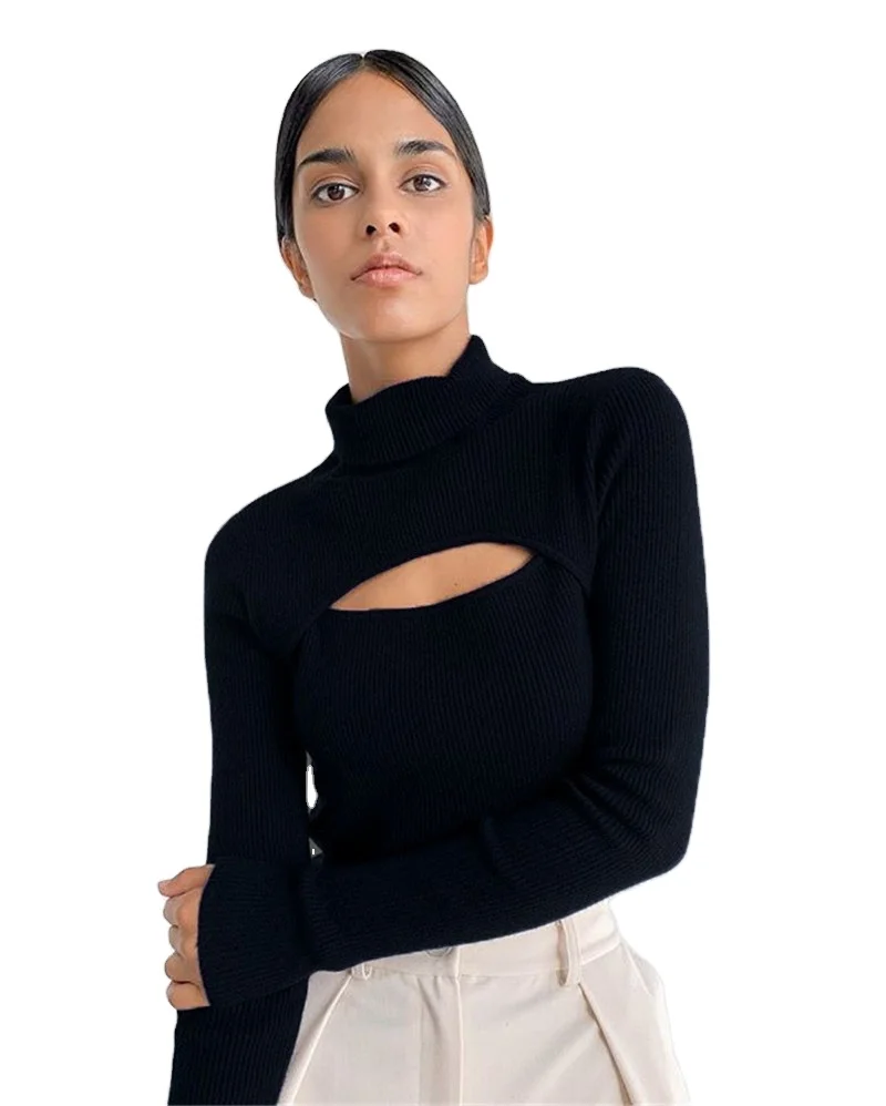

Newest Design Spring And Autumn Long-Sleeved Fashion Hollowed Out Sexy Tight-Fitting Long-Sleeved Black Turtleneck Sweaters Wom, Black, khaki