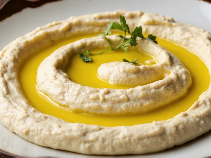 Hummus presentation with olive oil swirl and fresh herbs