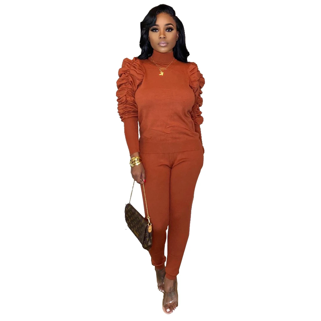 

Foma Clothing Autnmn Winter New fashion fold sleeves bodycon high neck women two piece pants set W8140, As picture shown