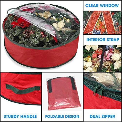 30" Xmas Wreath Storage Bag With Clear Pvc Window Container For Holiday