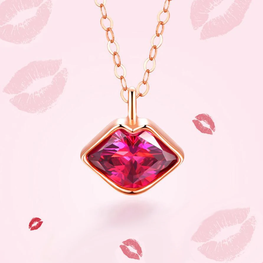 Red Lips Rose Gold Romantic Pendant Charm Necklace For Women Red Zircon Chain Costumes