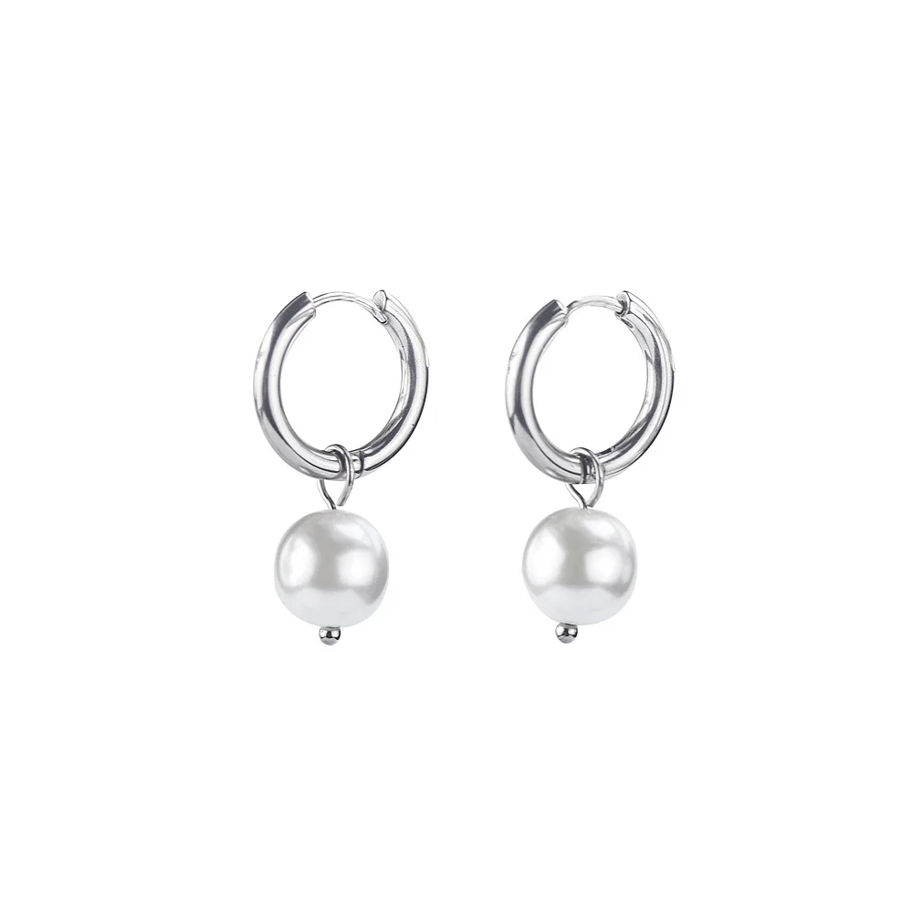 

Stainless steel Pearl oyster hoop earrings, Steel gold
