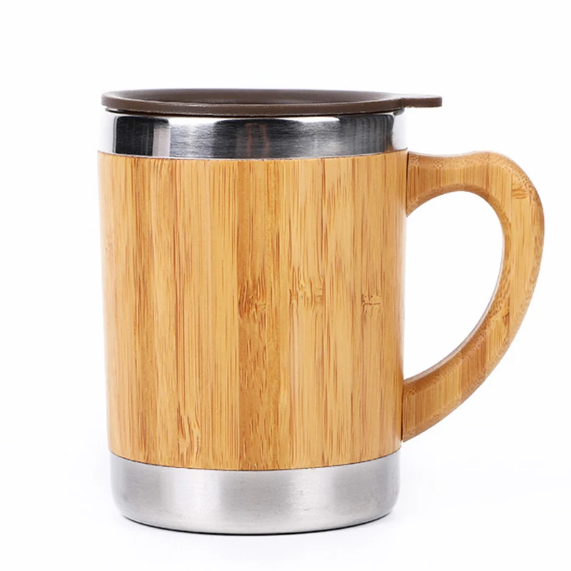 

Custom logo travel stainless steel bamboo tea strainer tumbler mug with handle