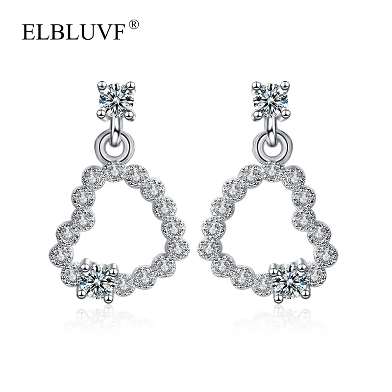 

ELBLUVF Free Shipping Copper Alloy 925 Silver Plated Zircon Women Love Heart Dangle Earrings, White gold