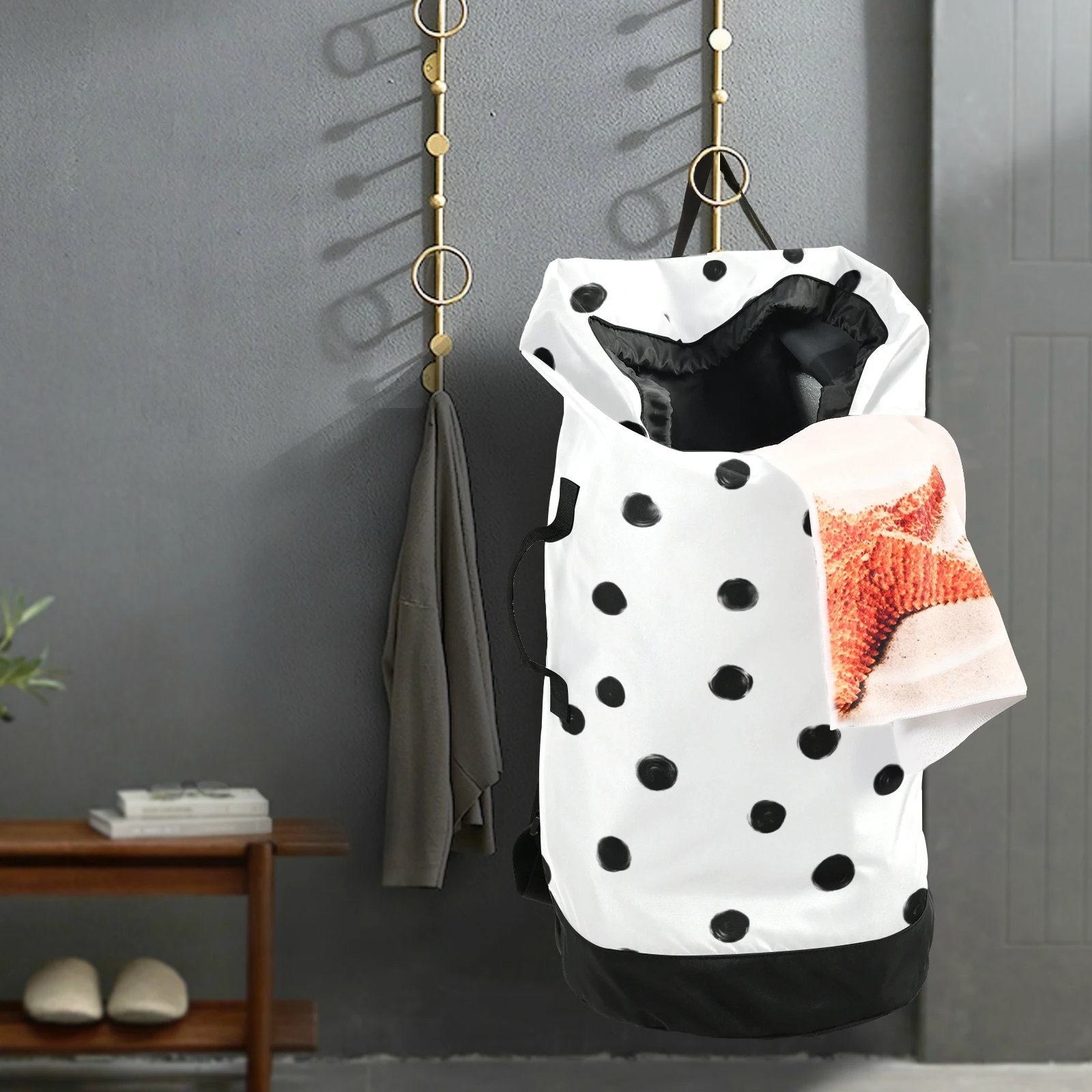 

Wholesales DOT Print Dirty Clothes Hanging Hamper Drawstring Backpack Laundry Bag With Custom Logo