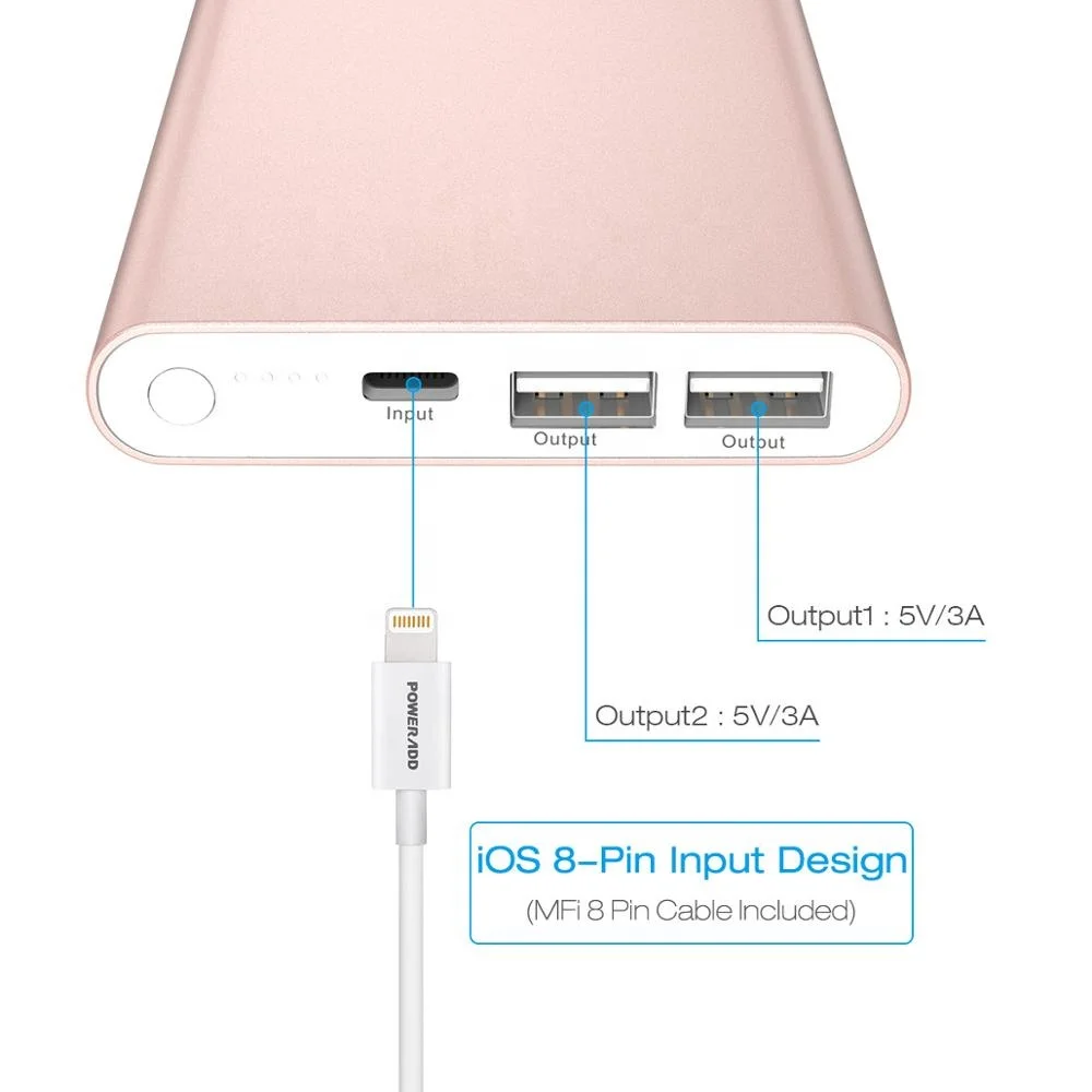 Poweradd 12000mah 3.1A Fast Charging Power Banks With Dual Usb Output and lighti