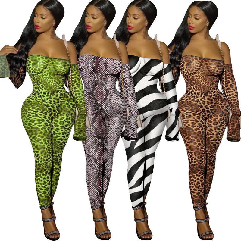 

2021 sexy club jumpsuits for women long sleeve skinny onesie leopard print new off the shoulder jumpsuit women