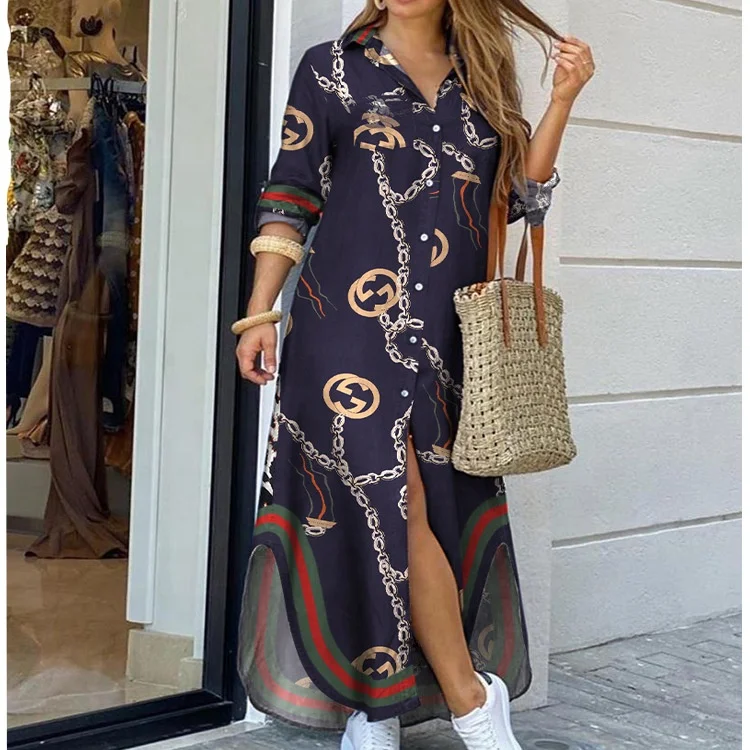 

Shirt dresses with print waist dress Casual dress lady chain dreses