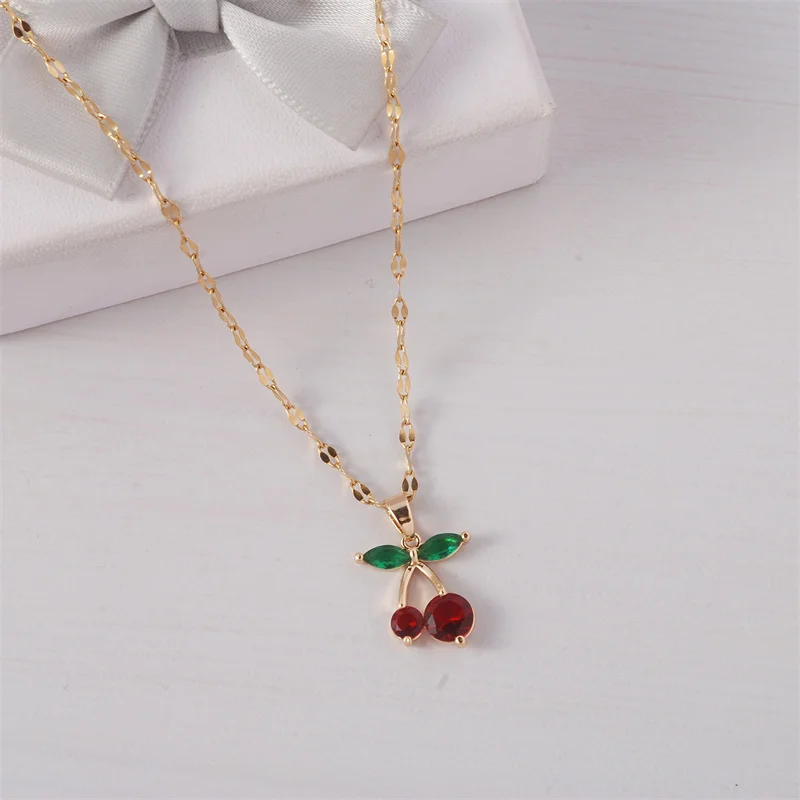 

New Product Dainty Elegant Fashion Jewelry Red Crystal Cherry Pendant Stainless Steel Women Necklace