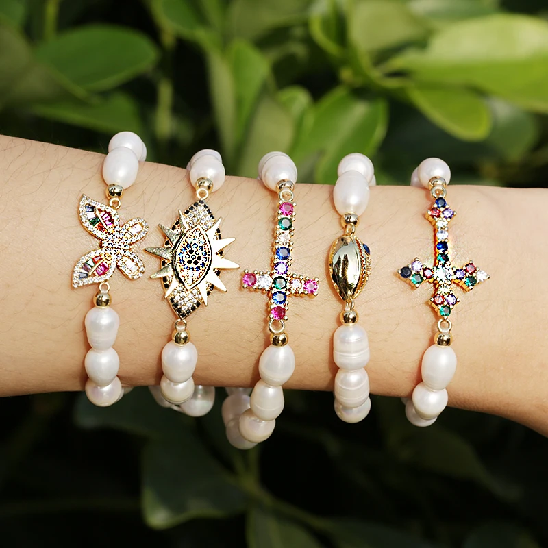 

Custom Size Zircon Eye Cross Heart Freshwater Pearl Beaded Personalized Hawaiian Bangle Bracelet handmade