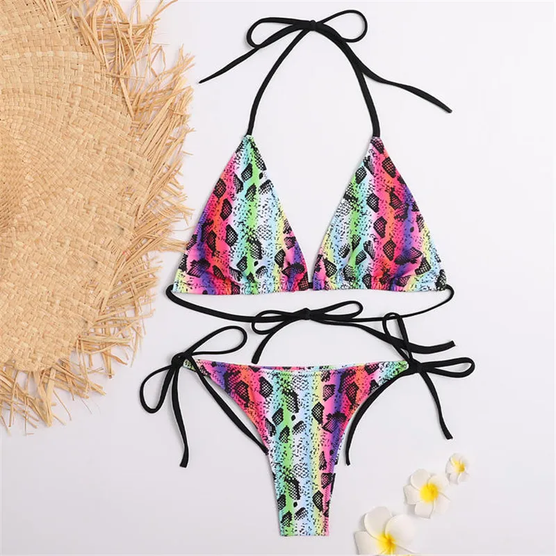 

Sexy Snake Print Swimsuit Women Triangle Micro Bikini Set High Cut Swimwear String Swimming Bathing Suit Bikini 2021, Picture or customized color