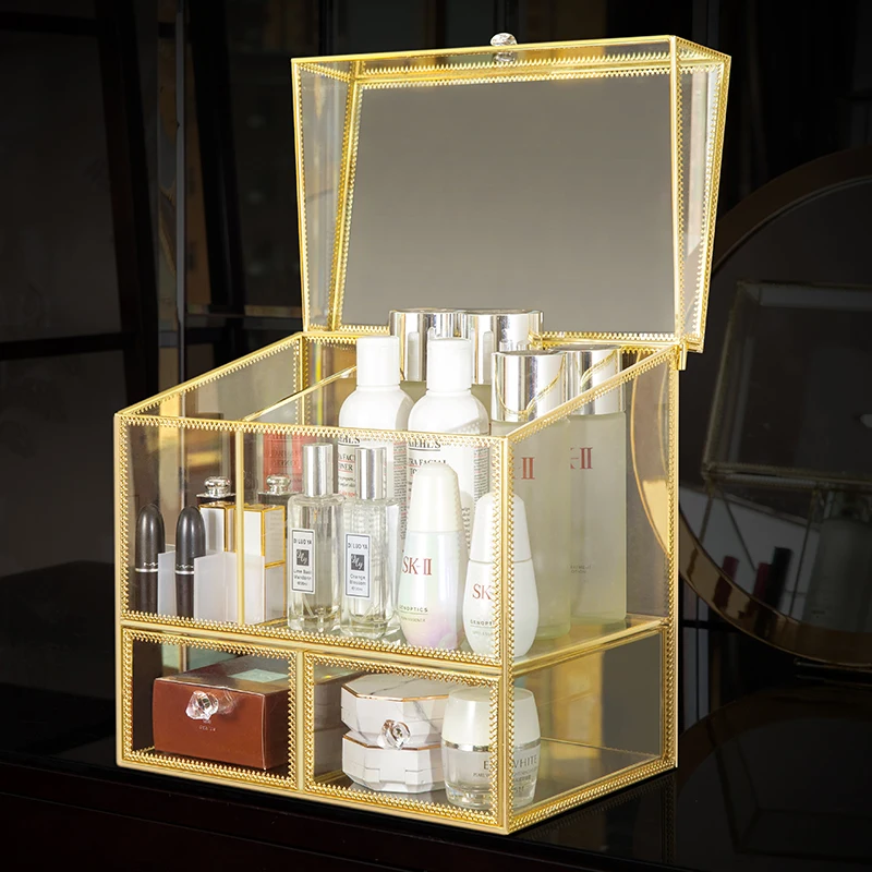

Hot Sale Glass Makeup Organizer Display Storage Box, Gold