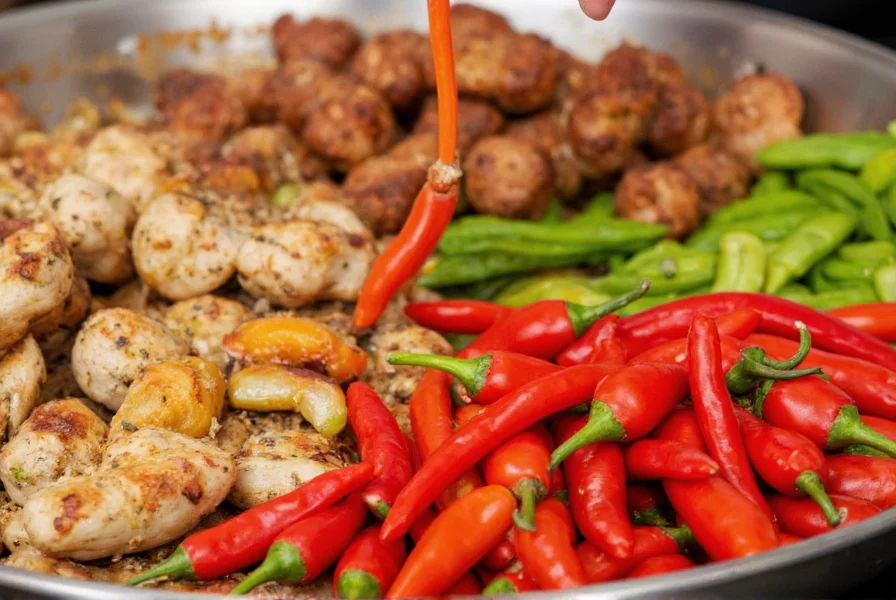 Colorful meal preparation showing chili peppers being added to various healthy dishes for nutrition