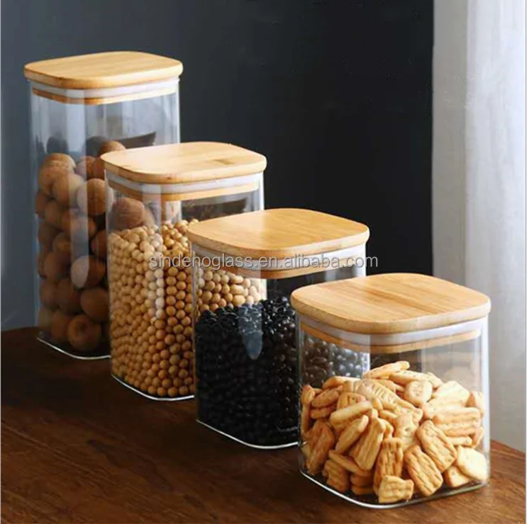 

Airtight Borosilicate Square Glass Candle Jars Glass Storage Jar With Bamboo Lids