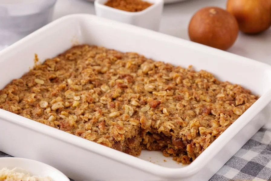 Cinnamon date walnut baked oatmeal in square baking dish with golden brown top and visible walnut pieces