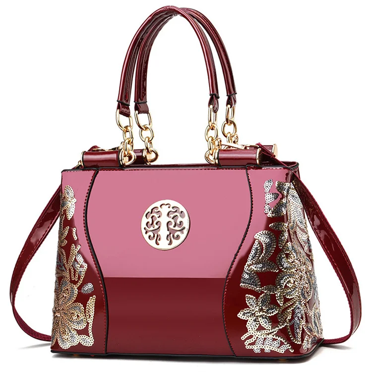 

2021 luxury large-capacity shoulder messenger tote bag bright leather double-sided embroidery women's handbag, Black,wine red,blue,red,beige