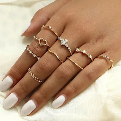 

2020 Hot Selling Rhinestone Wave Oval Heart Finger Ring Set Rings for Women Gold Plated Jewelry