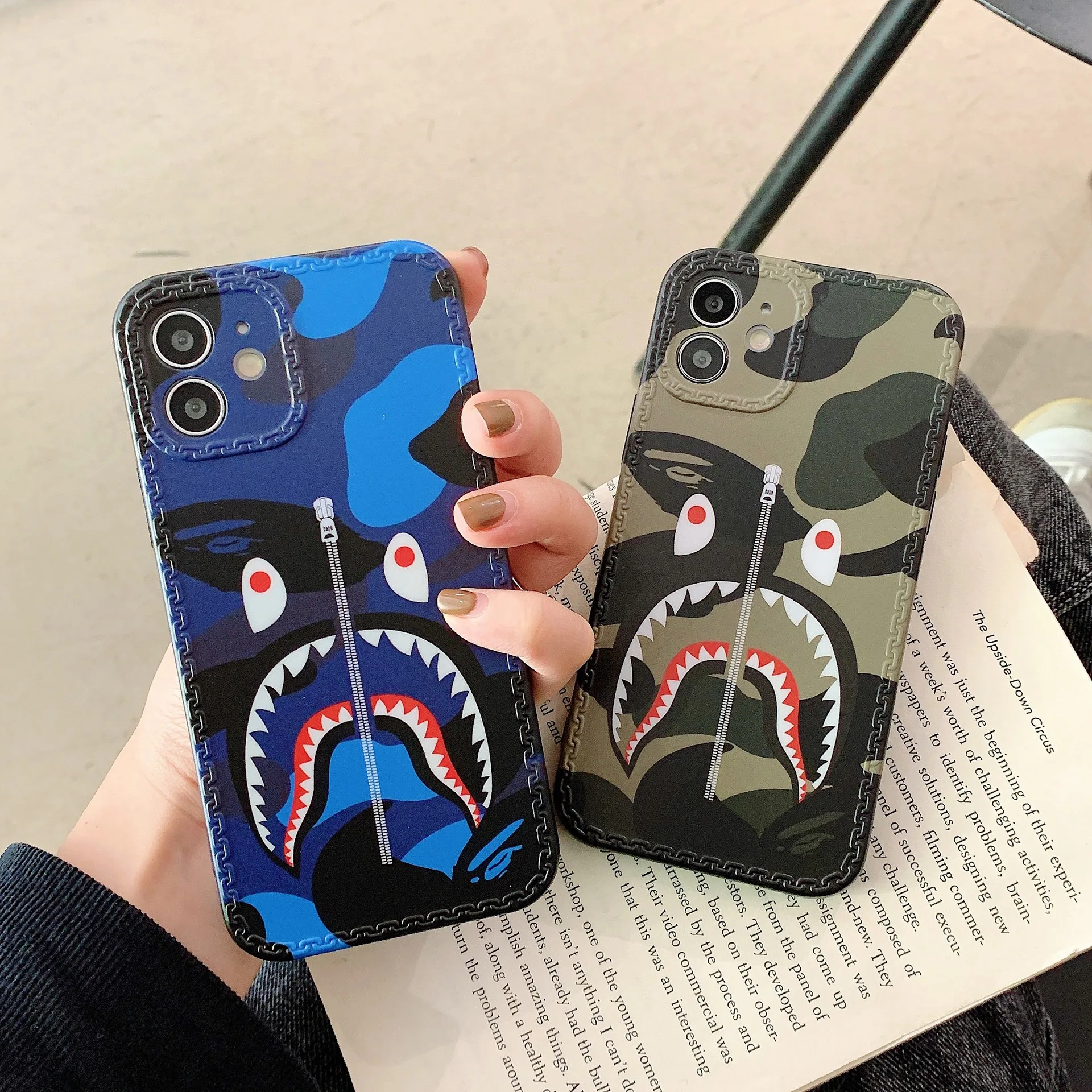 

Free Shipping Ape Aape Shark Shockproof Bape Camo zipper Case Cover for iPhone 12 Pro Max 11 Pro 7 8 X