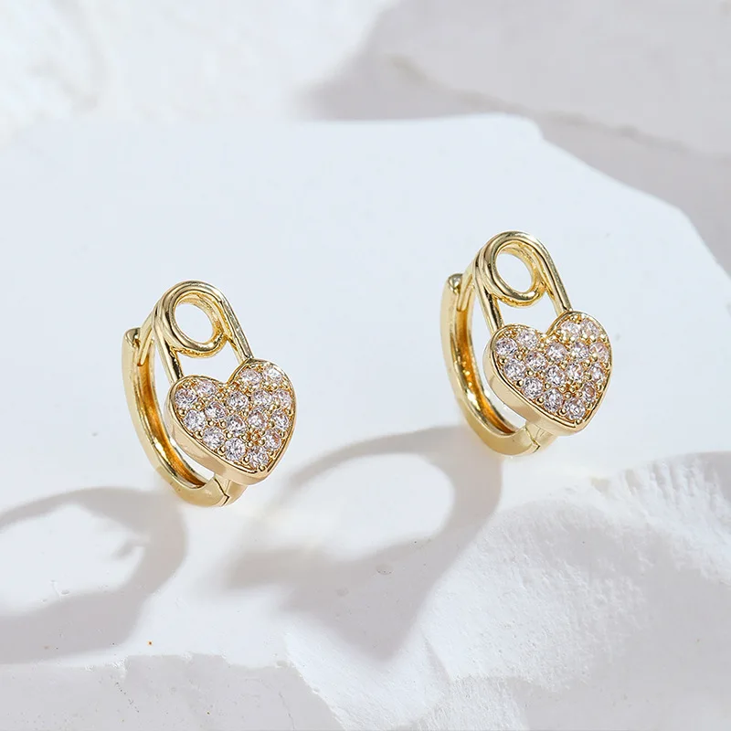 

New Trendy 18K Gold Plating Micro Pave CZ Heart Hoop Earrings Bling Bling Crystal Rhinestone Heart Earrings