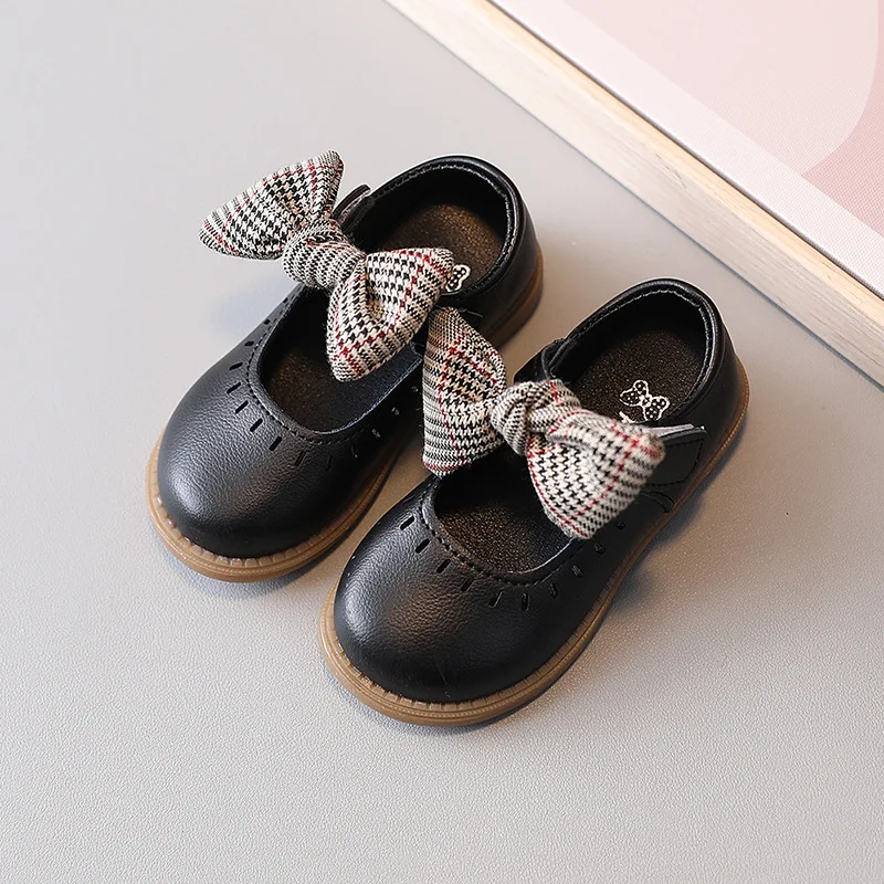 

Korean girls bow shoes 2022 spring new small fragrance shoes children's soft bottom leather shoes wholesale, Black/beige/pink