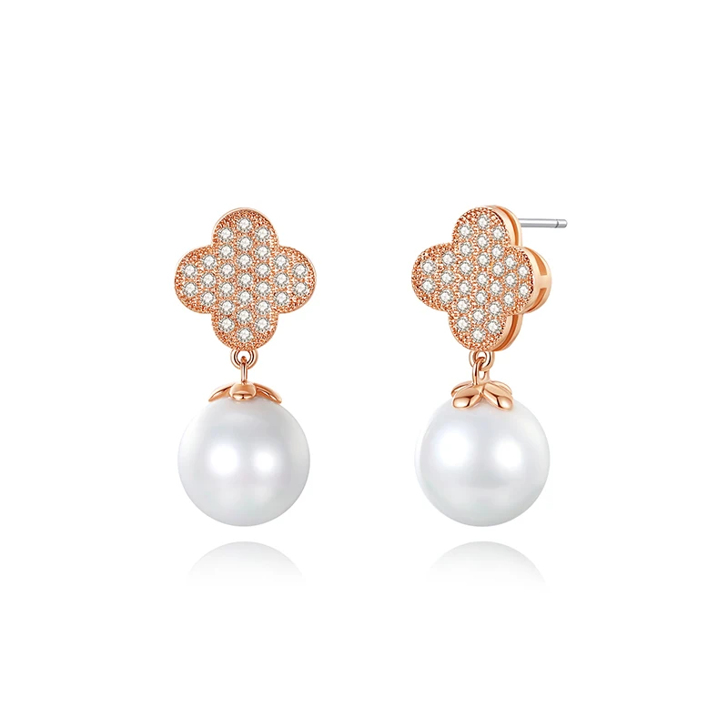 

OEM&ODM Fine Jewelry 925 Silver Lucky Four Leaf Clover Drop Earrings 18K Rose Gold Plated Elegant Pearl Earrings