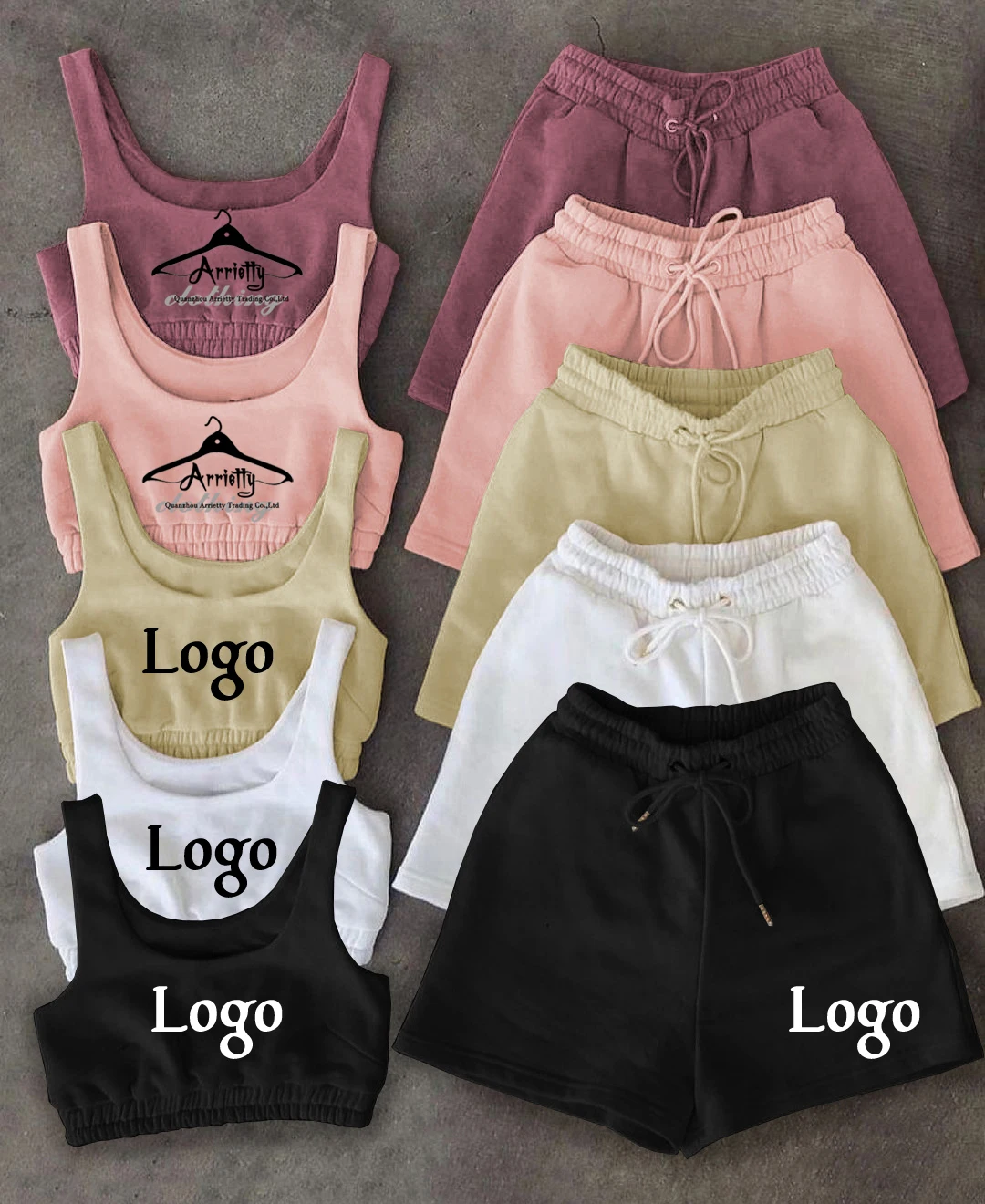 

2021 Summer Custom Logo biker short set 2 Piece Crop Top Mid Waist Drawstring Womens Two Piece Pants Set Jogging Suits For Women, 15 colors