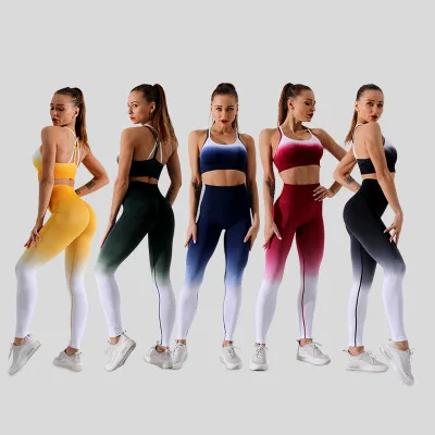 

2021 New European USA Women Ombre Seamless Gym Wear Ropa Deporitiva Leggings And Sports Bra Yoga Sets