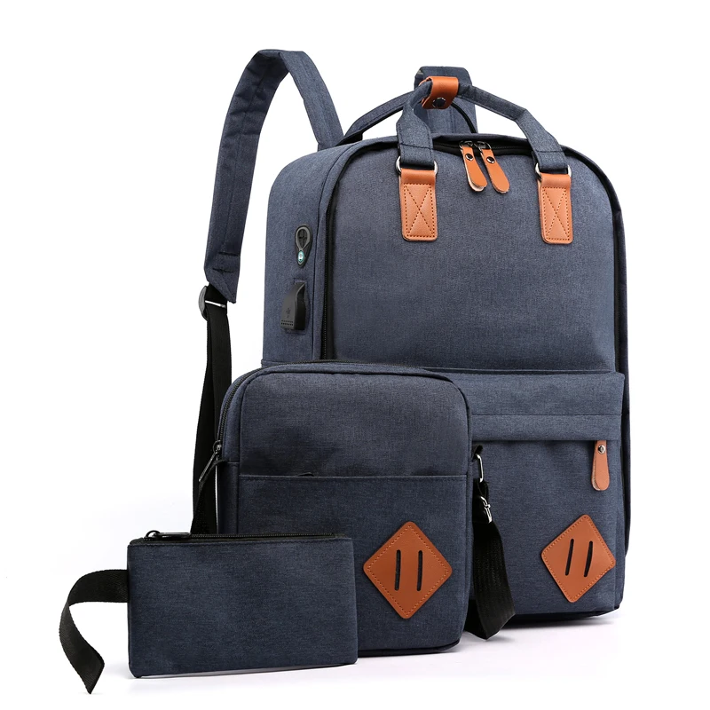 

3 pcs in 1 set fashion USB charge port earphone port school bag backpack 13 inch laptop backpack, Dark blue/black/gray
