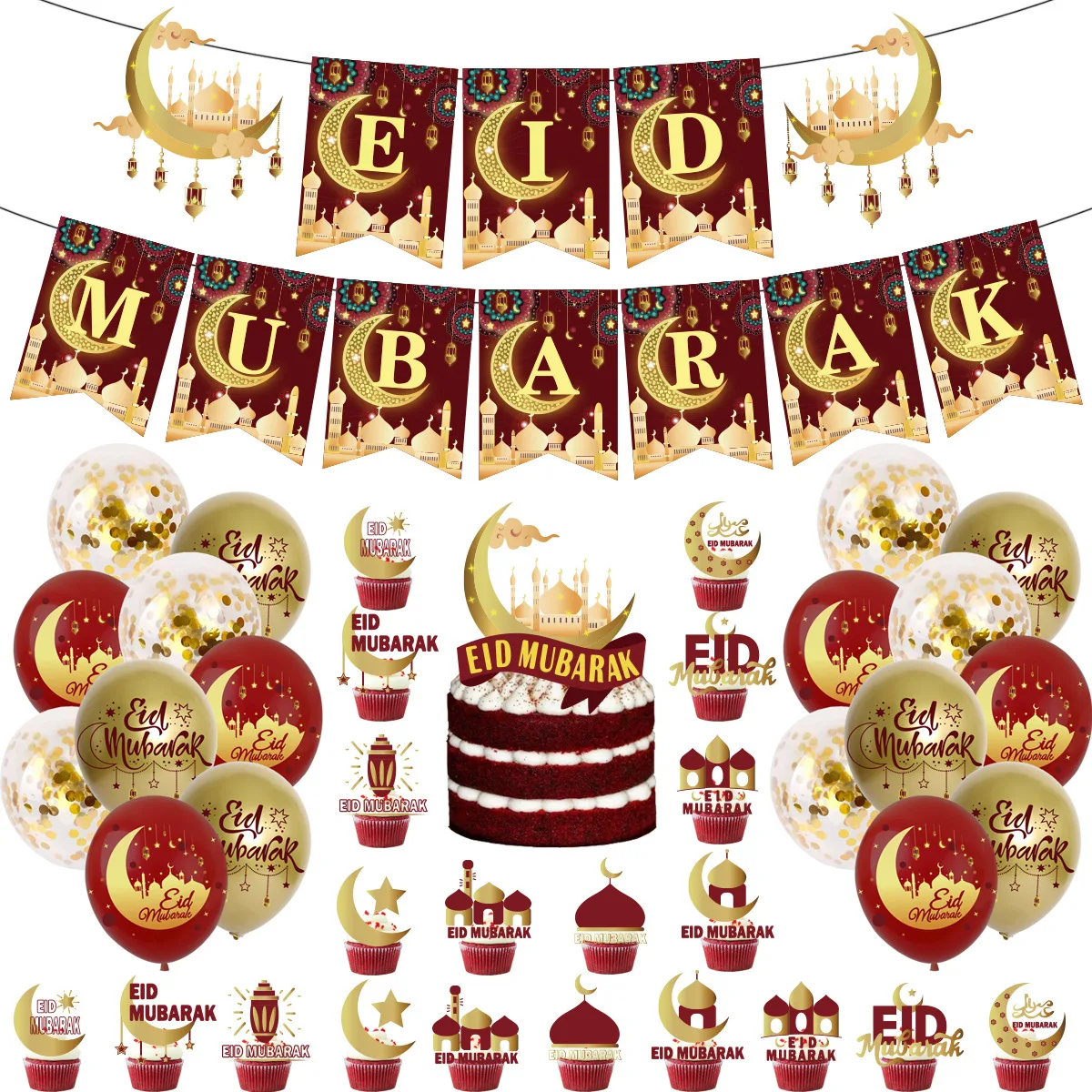 

Ramadan Decoration 2023 Banner Balloons Eid Mubarak Disposable Cupcake Topper Islamic Muslim Holiday Party Supplies