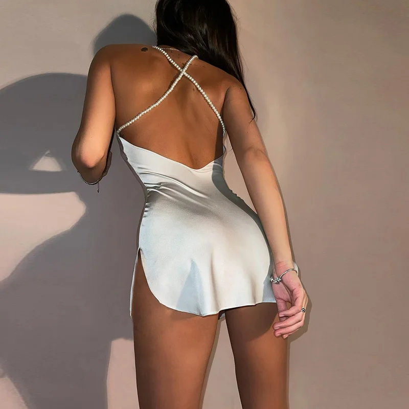 

2021 Hot Sexy Spaghetti Strap Mini Dress Women Summer Beach Party Club Backless Slit Vestidos Wholesale Cheap Bodycon Dresses, White, gray, black