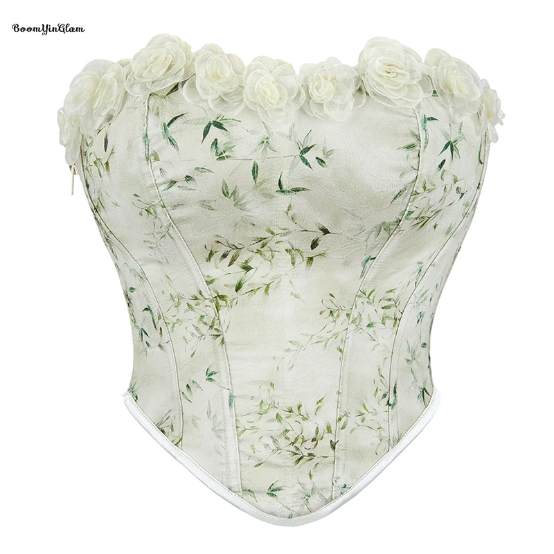 Fashion Victorian Gothic Corselet Vintage Woman Floral Sticked Corset Top with Side Zip Adjustable Crop Firm Plus Size