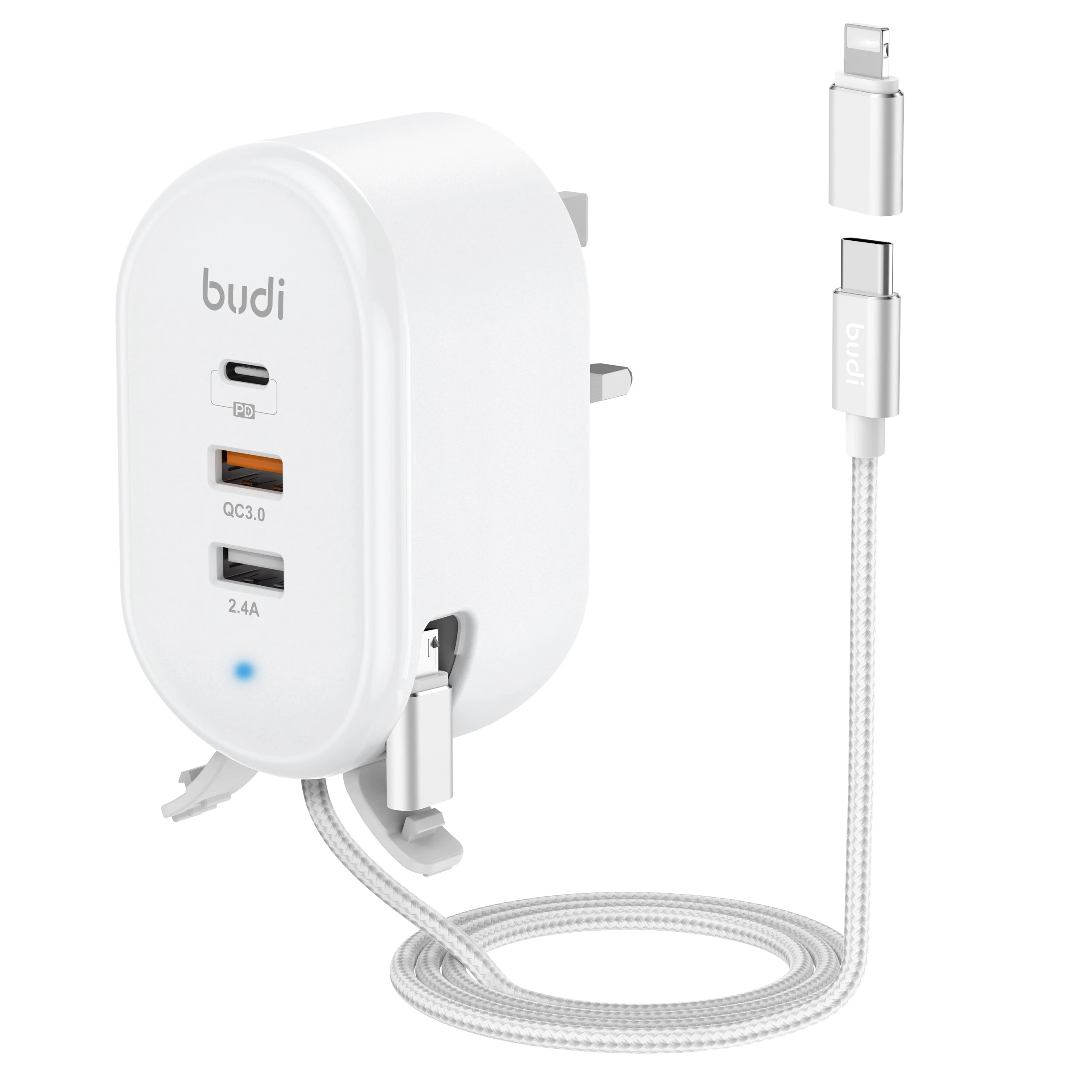 

BUDI multi functional 30W PD and QC fast charger micro adapter with type c cable, White