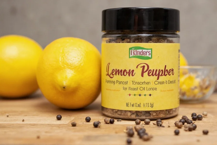 Kinders Lemon Pepper container displayed alongside fresh lemons and black peppercorns on a wooden kitchen counter
