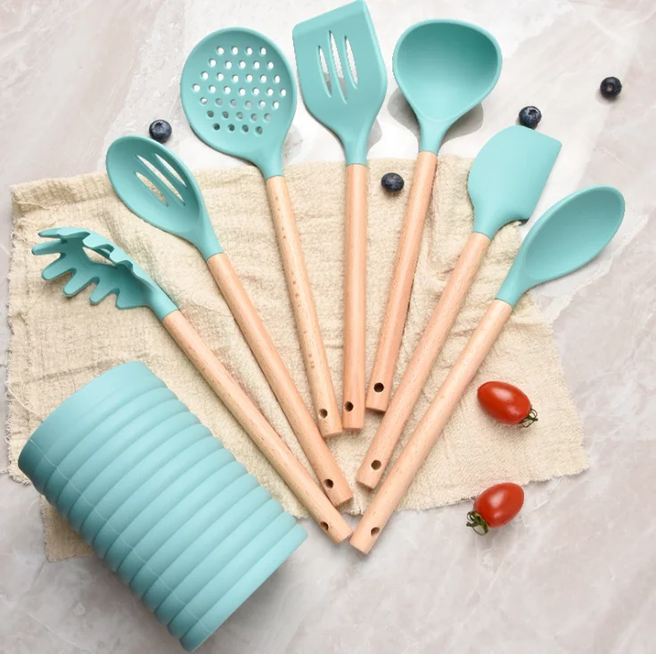 

Factory Manufacture High Quality Silicone Wood Handle Kitchenware Cooking Tools Utensils 7 Pcs Set, Customized